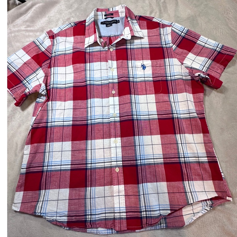 US Polo Assn Mens 2XL Red White Blue Plaid Short Sleeve Stretch Button Down